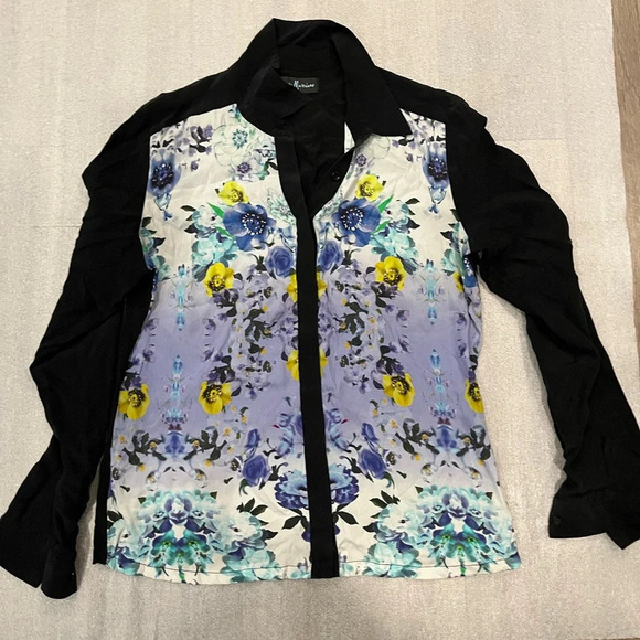 [L] GUESS by Marciano Women's Floral Silk Blouse Button Down Collared - Picture 2 of 11